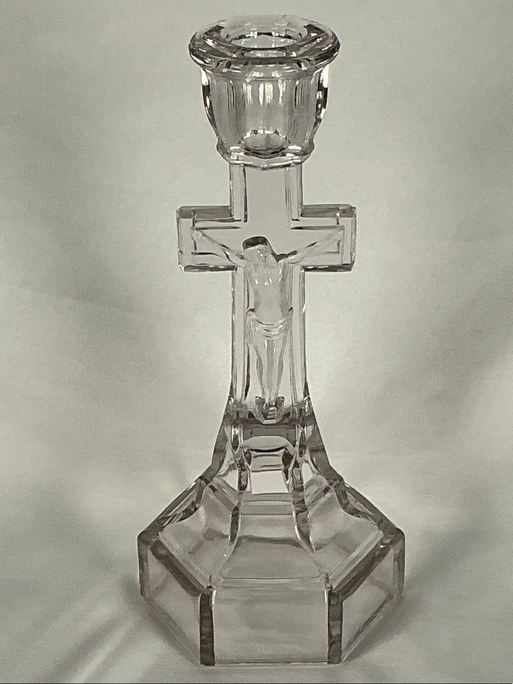Vintage Glass Crucifix Candle Holder 9.5” Jesus Christ Altar Candlestick Taper